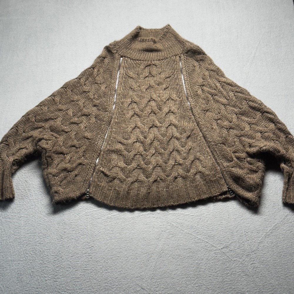 Free People Cable Knit Zip Poncho Sweater M Brown Alpaca Wool Blend Convertible